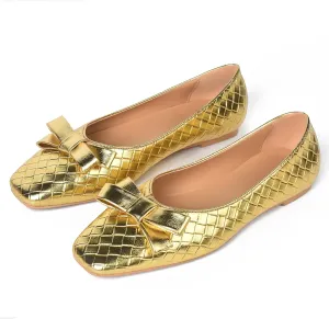 Woven Flats for Women Square Toe Ballet Flats Ladies Slip on Bow Ballerina Dress Shoes