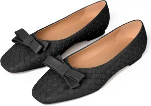 Woven Flats for Women Square Toe Ballet Flats Ladies Slip on Bow Ballerina Dress Shoes