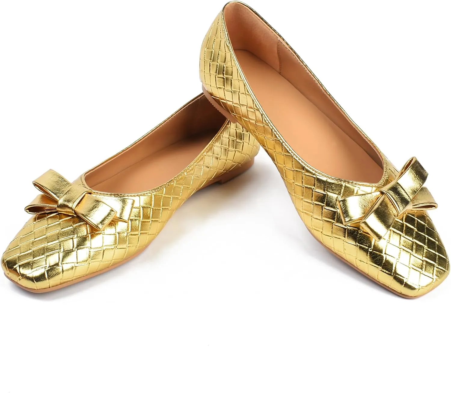 Woven Flats for Women Square Toe Ballet Flats Ladies Slip on Bow Ballerina Dress Shoes