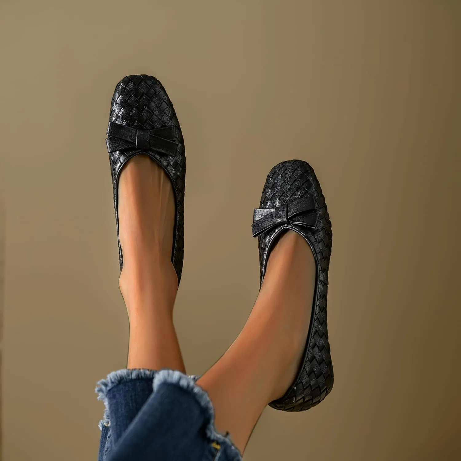 Woven Flats for Women Square Toe Ballet Flats Ladies Slip on Bow Ballerina Dress Shoes