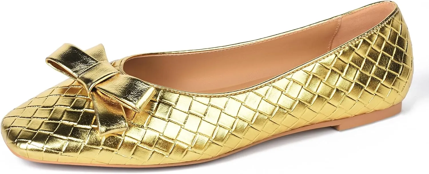 Woven Flats for Women Square Toe Ballet Flats Ladies Slip on Bow Ballerina Dress Shoes
