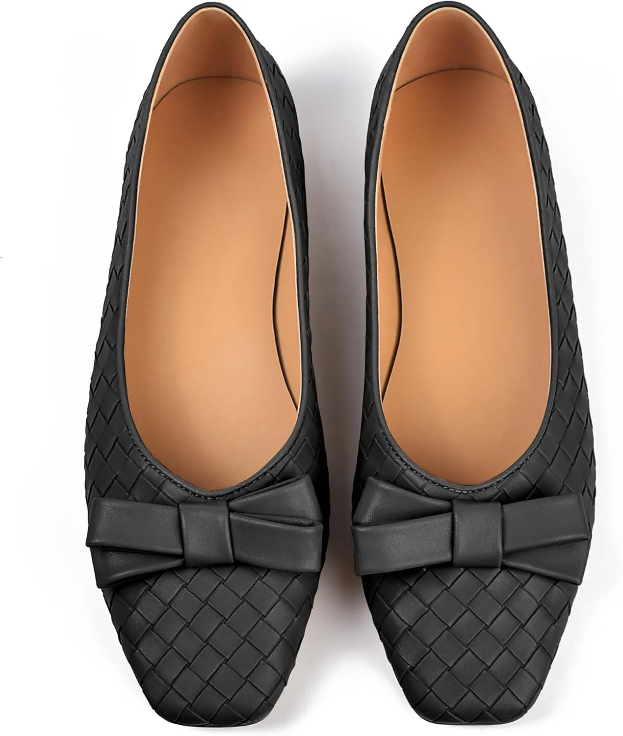 Woven Flats for Women Square Toe Ballet Flats Ladies Slip on Bow Ballerina Dress Shoes