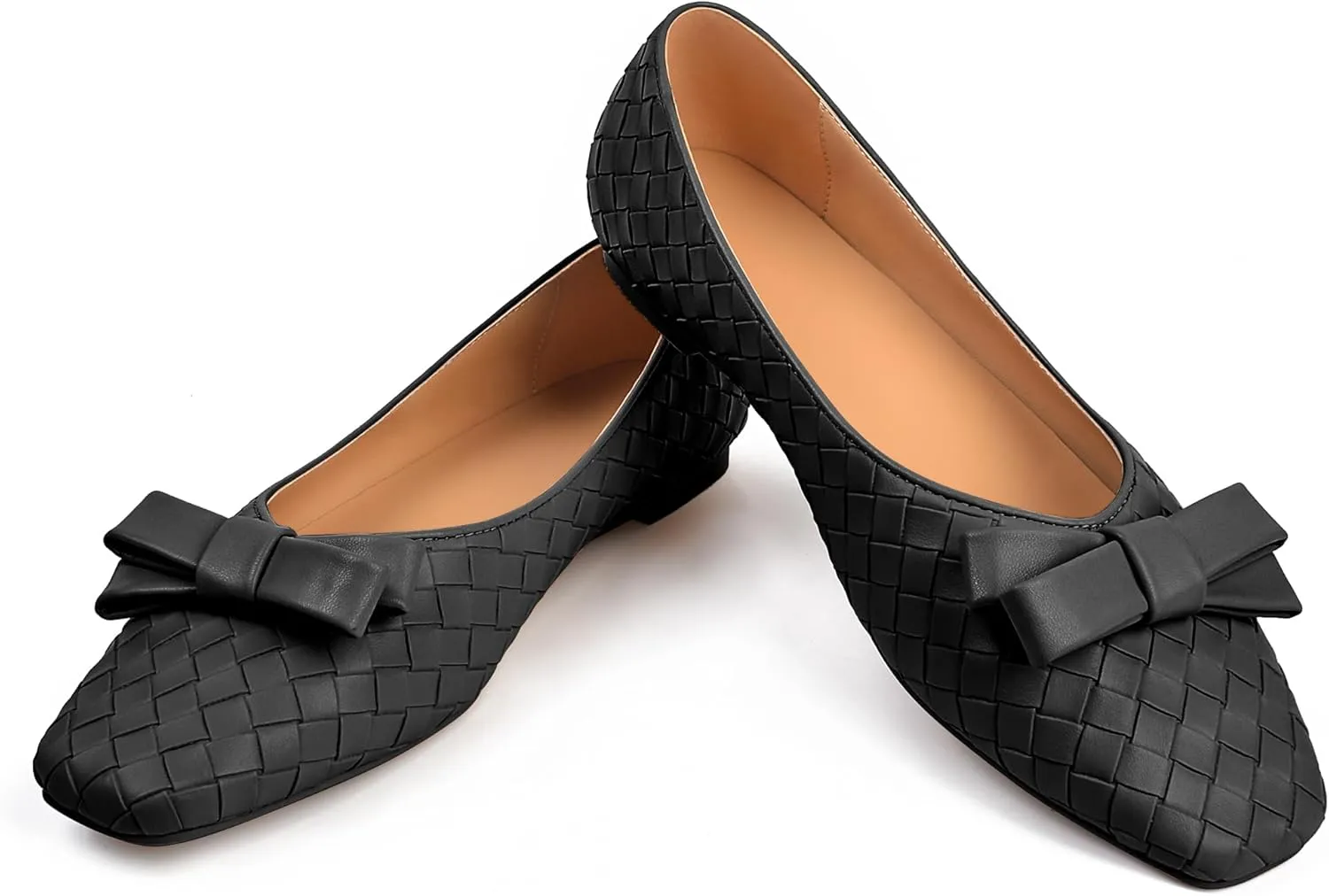 Woven Flats for Women Square Toe Ballet Flats Ladies Slip on Bow Ballerina Dress Shoes