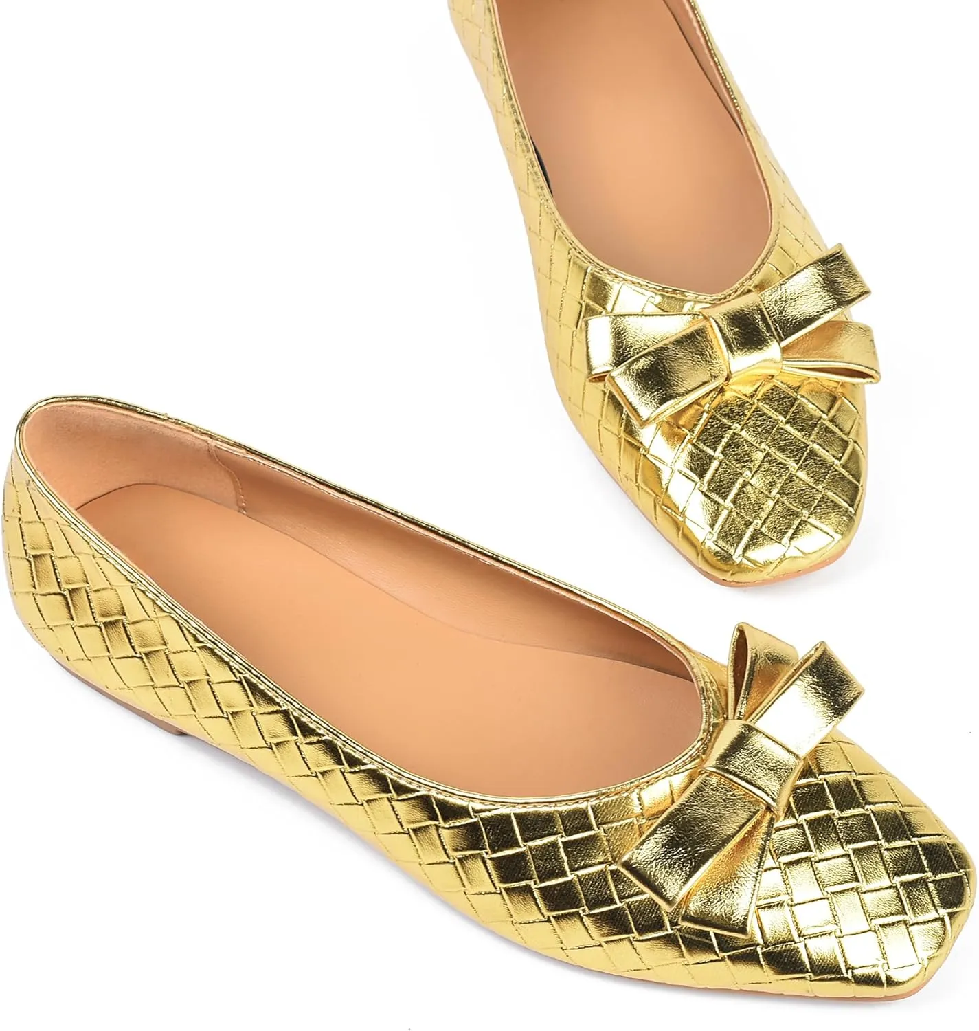 Woven Flats for Women Square Toe Ballet Flats Ladies Slip on Bow Ballerina Dress Shoes