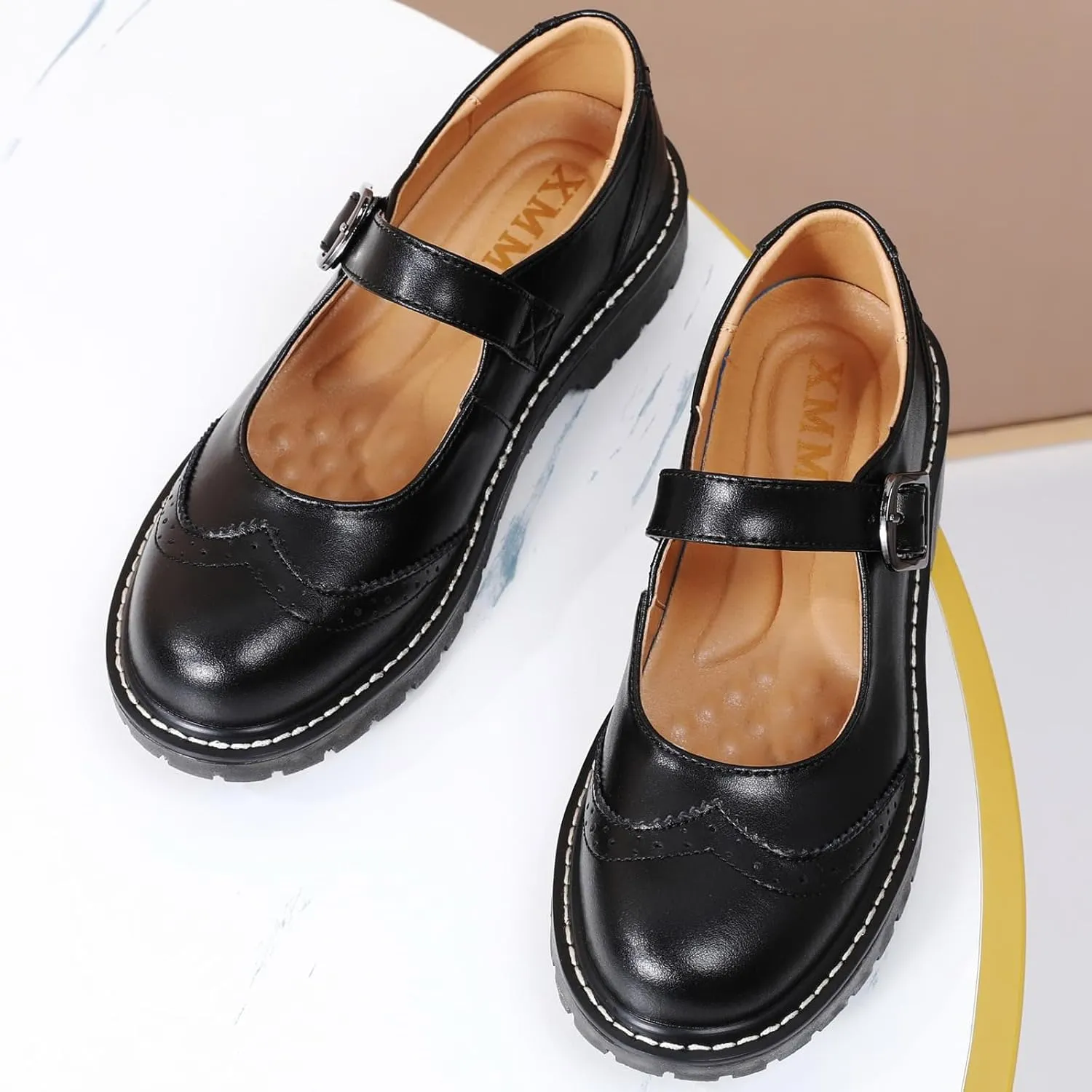 XMM Mary Jane Shoes Women Mary Janes Flats Ladies Oxford Shoes for Women Comfort Leather Round Toe Non-Slip Dressy Casual Cute Girls School Work Shoes