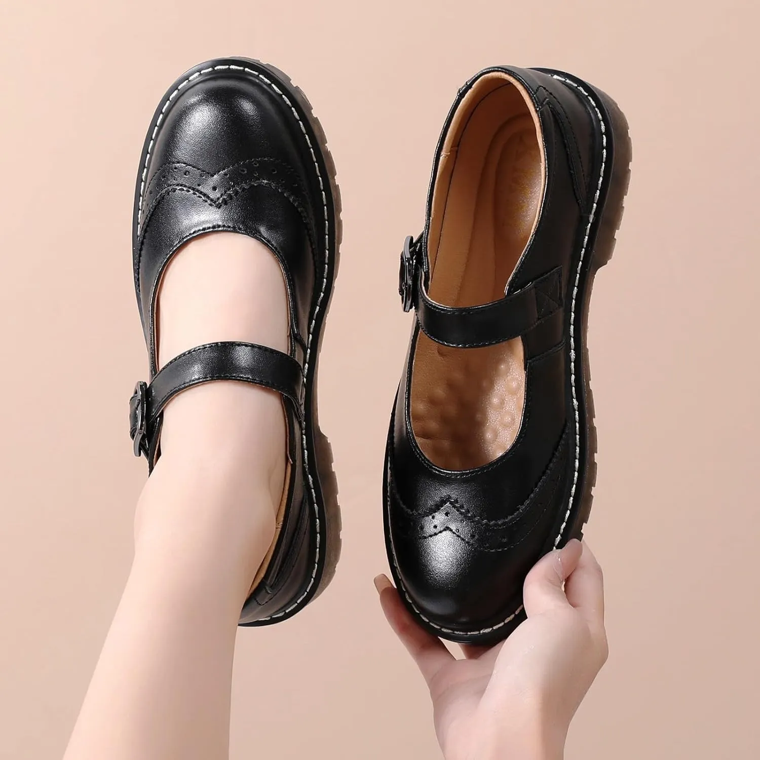 XMM Mary Jane Shoes Women Mary Janes Flats Ladies Oxford Shoes for Women Comfort Leather Round Toe Non-Slip Dressy Casual Cute Girls School Work Shoes