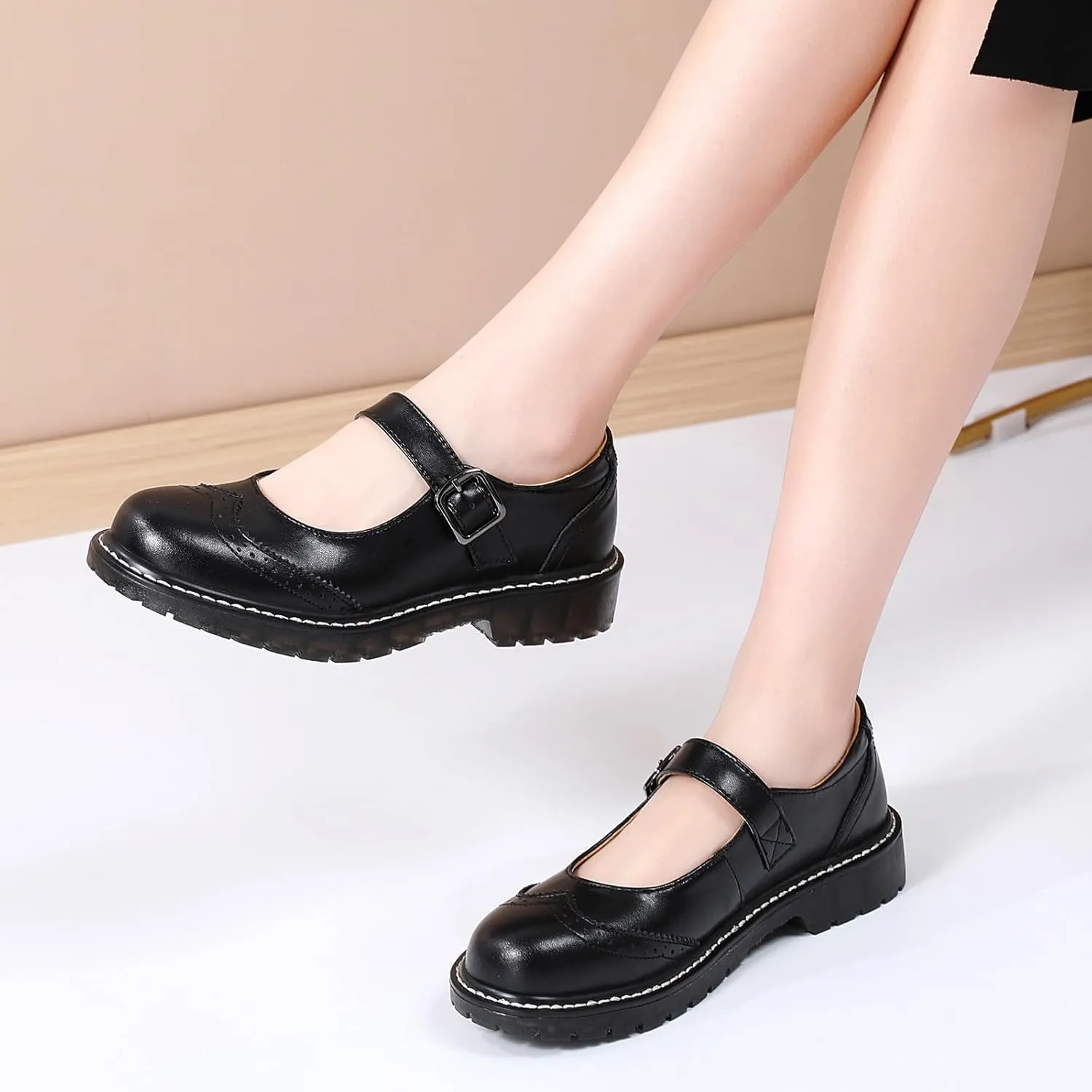 XMM Mary Jane Shoes Women Mary Janes Flats Ladies Oxford Shoes for Women Comfort Leather Round Toe Non-Slip Dressy Casual Cute Girls School Work Shoes