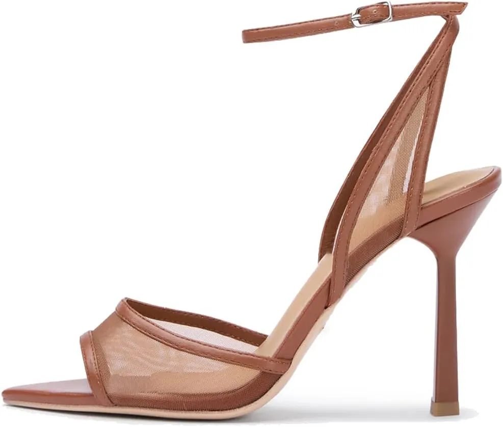 YIYA Women's Black Mesh Slingback Kitten Heels Sandals Open Peep Pointed Toe Stiletto High Heels Ankle Buckle Strap Summer Party Dress Pumps Shoes