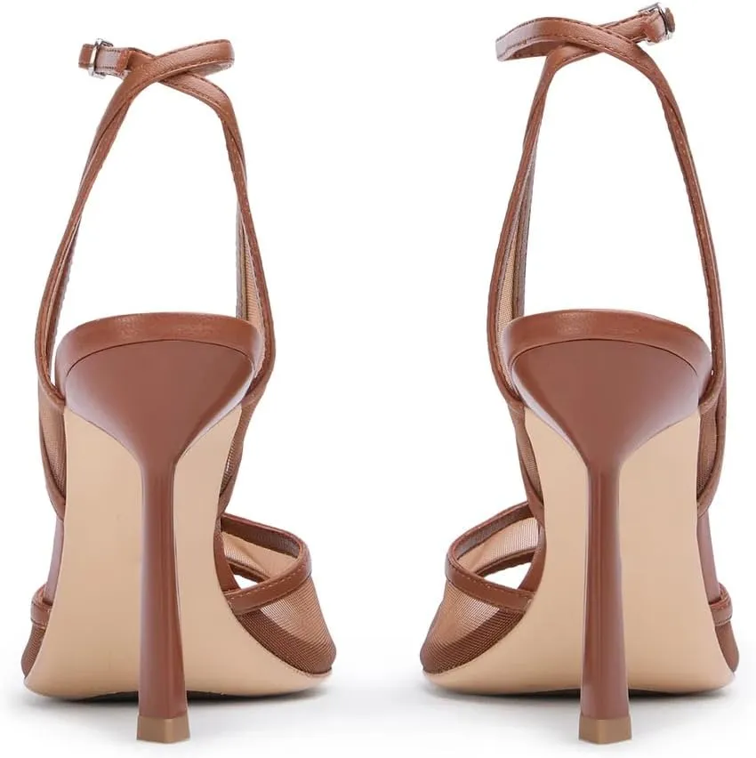 YIYA Women's Black Mesh Slingback Kitten Heels Sandals Open Peep Pointed Toe Stiletto High Heels Ankle Buckle Strap Summer Party Dress Pumps Shoes