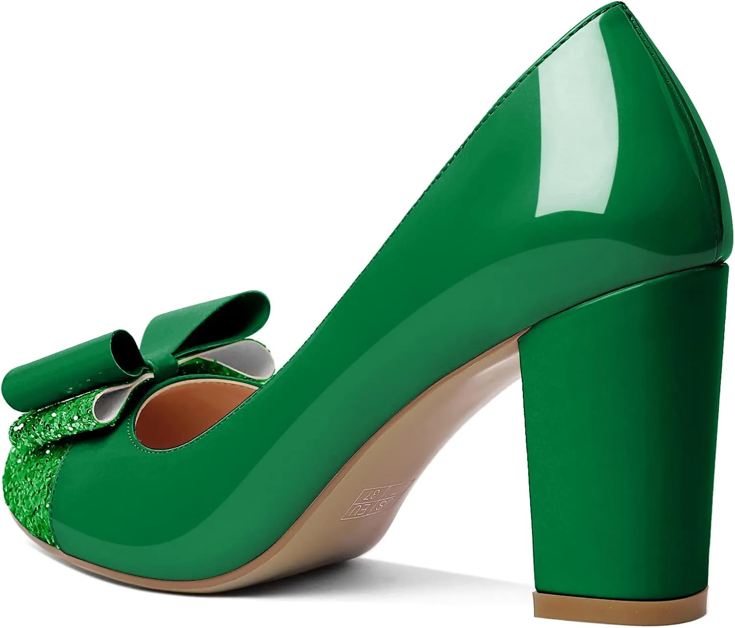 YODEKS Women's Bow Tie Knot Round Toe Pumps Slip On High Heels Cap Toe Chunky Block Heel Shoes Office Party