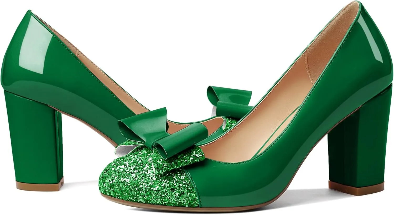YODEKS Women's Bow Tie Knot Round Toe Pumps Slip On High Heels Cap Toe Chunky Block Heel Shoes Office Party