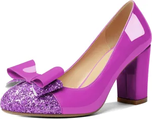 YODEKS Women's Bow Tie Knot Round Toe Pumps Slip On High Heels Cap Toe Chunky Block Heel Shoes Office Party
