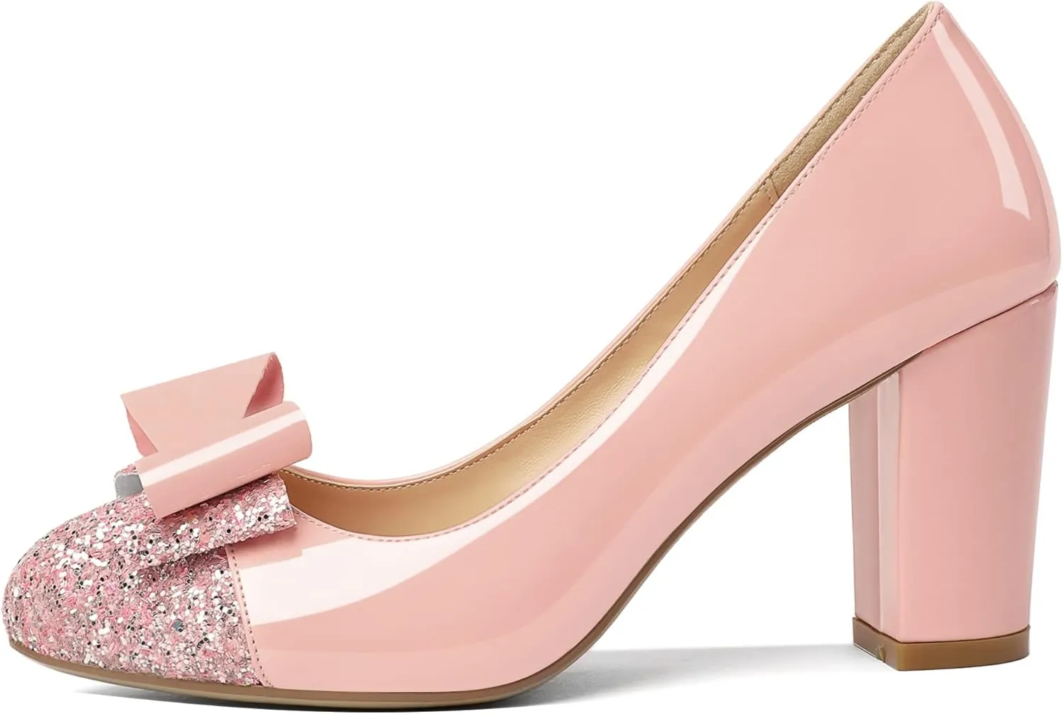YODEKS Women's Bow Tie Knot Round Toe Pumps Slip On High Heels Cap Toe Chunky Block Heel Shoes Office Party