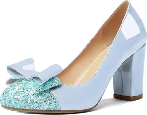 YODEKS Women's Bow Tie Knot Round Toe Pumps Slip On High Heels Cap Toe Chunky Block Heel Shoes Office Party