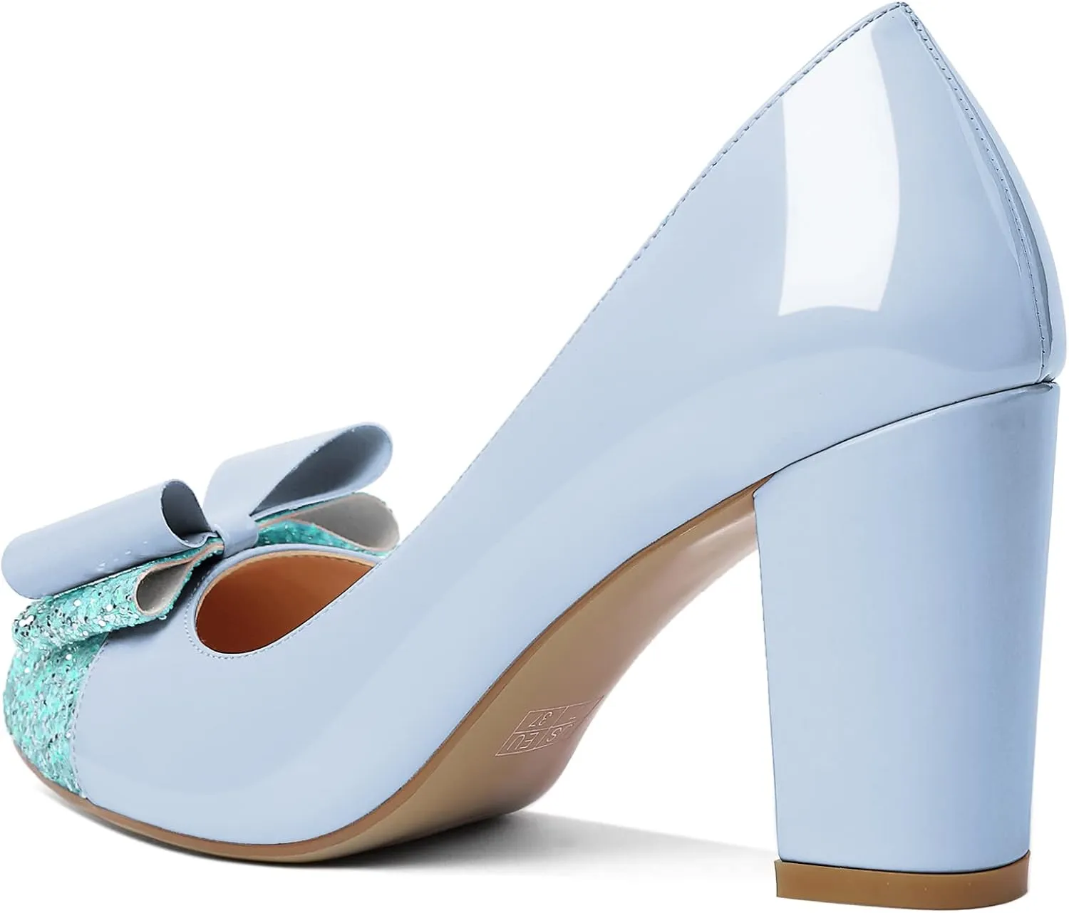 YODEKS Women's Bow Tie Knot Round Toe Pumps Slip On High Heels Cap Toe Chunky Block Heel Shoes Office Party