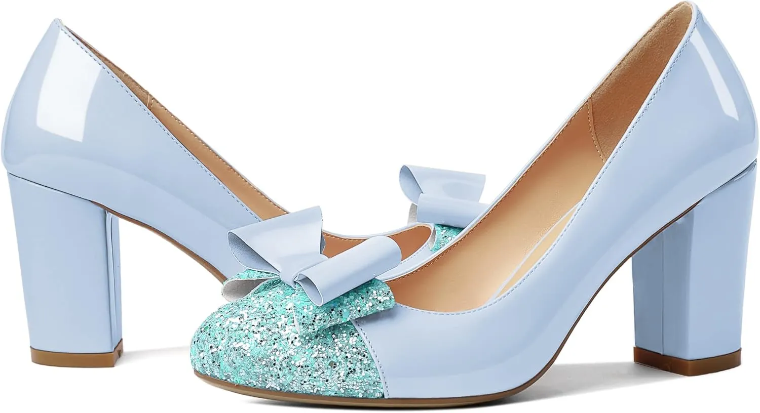 YODEKS Women's Bow Tie Knot Round Toe Pumps Slip On High Heels Cap Toe Chunky Block Heel Shoes Office Party