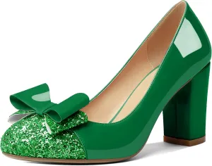 YODEKS Women's Bow Tie Knot Round Toe Pumps Slip On High Heels Cap Toe Chunky Block Heel Shoes Office Party