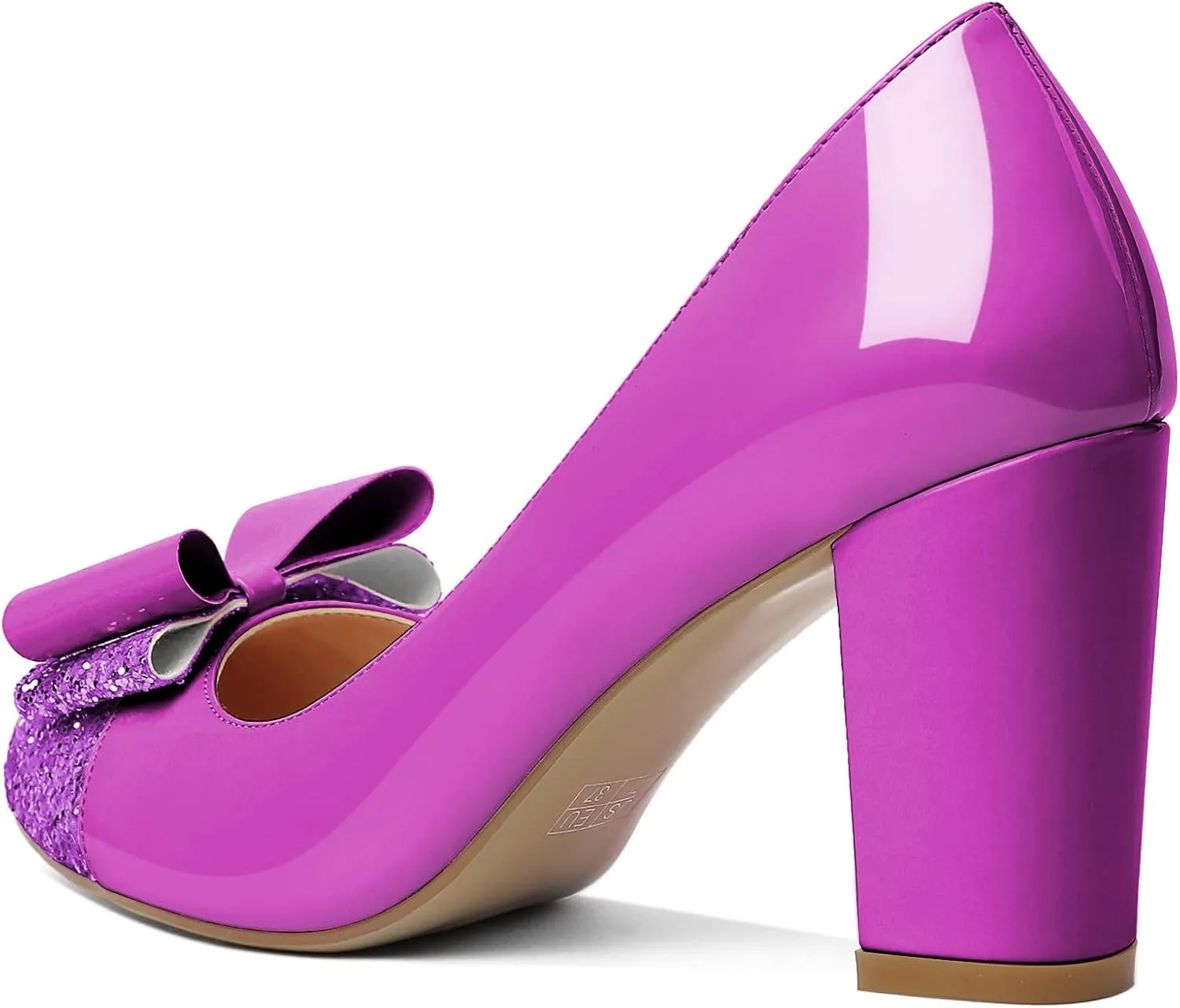 YODEKS Women's Bow Tie Knot Round Toe Pumps Slip On High Heels Cap Toe Chunky Block Heel Shoes Office Party