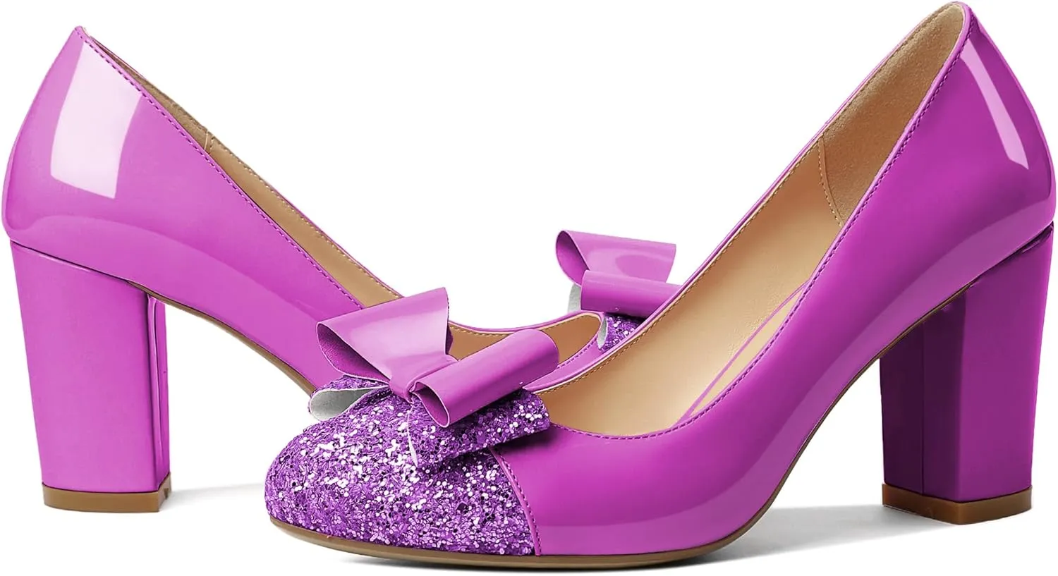 YODEKS Women's Bow Tie Knot Round Toe Pumps Slip On High Heels Cap Toe Chunky Block Heel Shoes Office Party