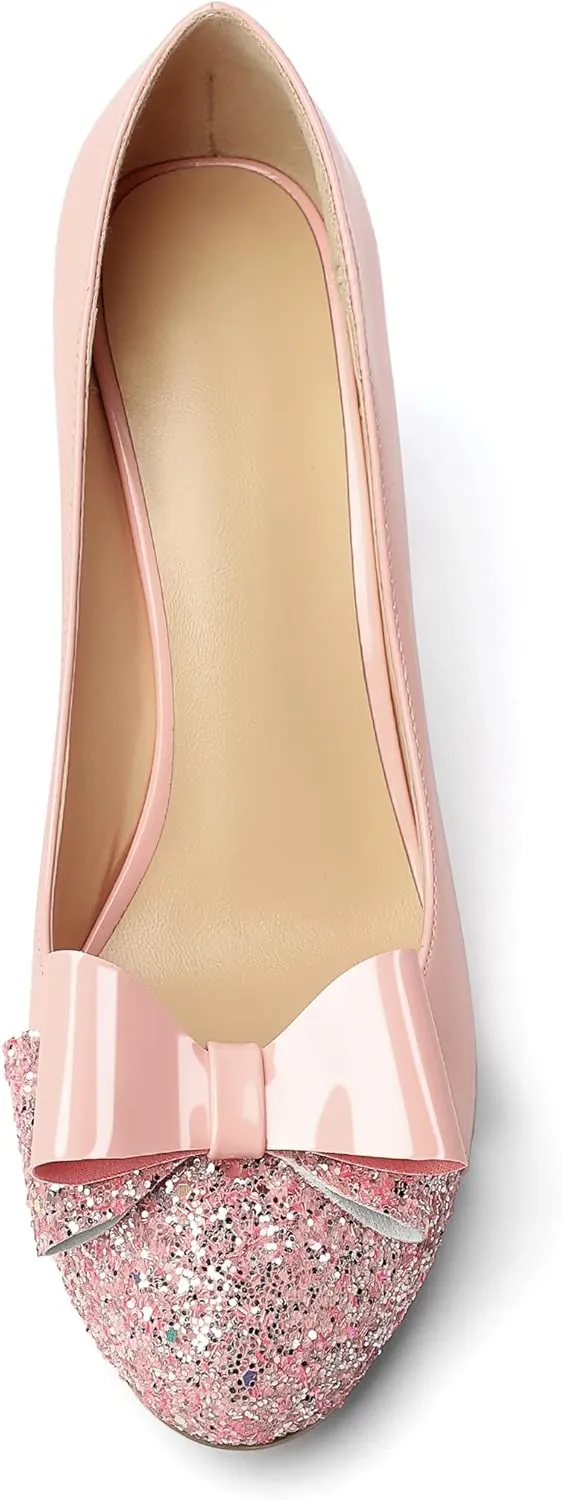 YODEKS Women's Bow Tie Knot Round Toe Pumps Slip On High Heels Cap Toe Chunky Block Heel Shoes Office Party