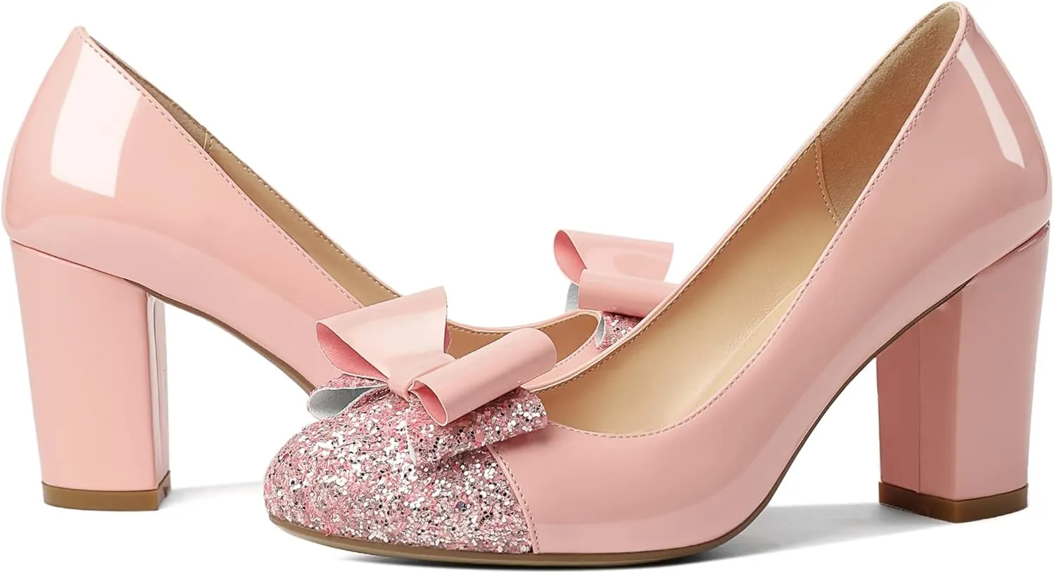 YODEKS Women's Bow Tie Knot Round Toe Pumps Slip On High Heels Cap Toe Chunky Block Heel Shoes Office Party