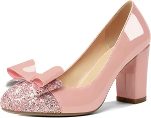 YODEKS Women's Bow Tie Knot Round Toe Pumps Slip On High Heels Cap Toe Chunky Block Heel Shoes Office Party