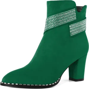 Zamikoo Chunky Heel Ankle Boots for Women Round Toe Beaded Heel Short Booties Fall Heel Boots with Sparkly Rhinestone Strap Side Zipper 3 Inches