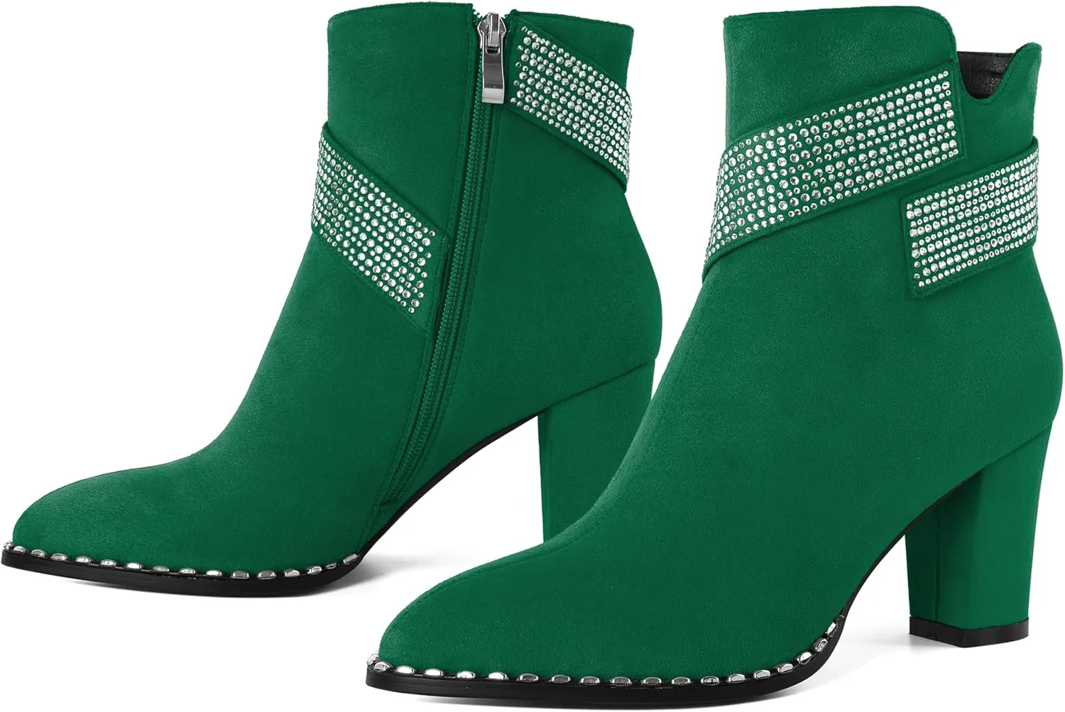 Zamikoo Chunky Heel Ankle Boots for Women Round Toe Beaded Heel Short Booties Fall Heel Boots with Sparkly Rhinestone Strap Side Zipper 3 Inches