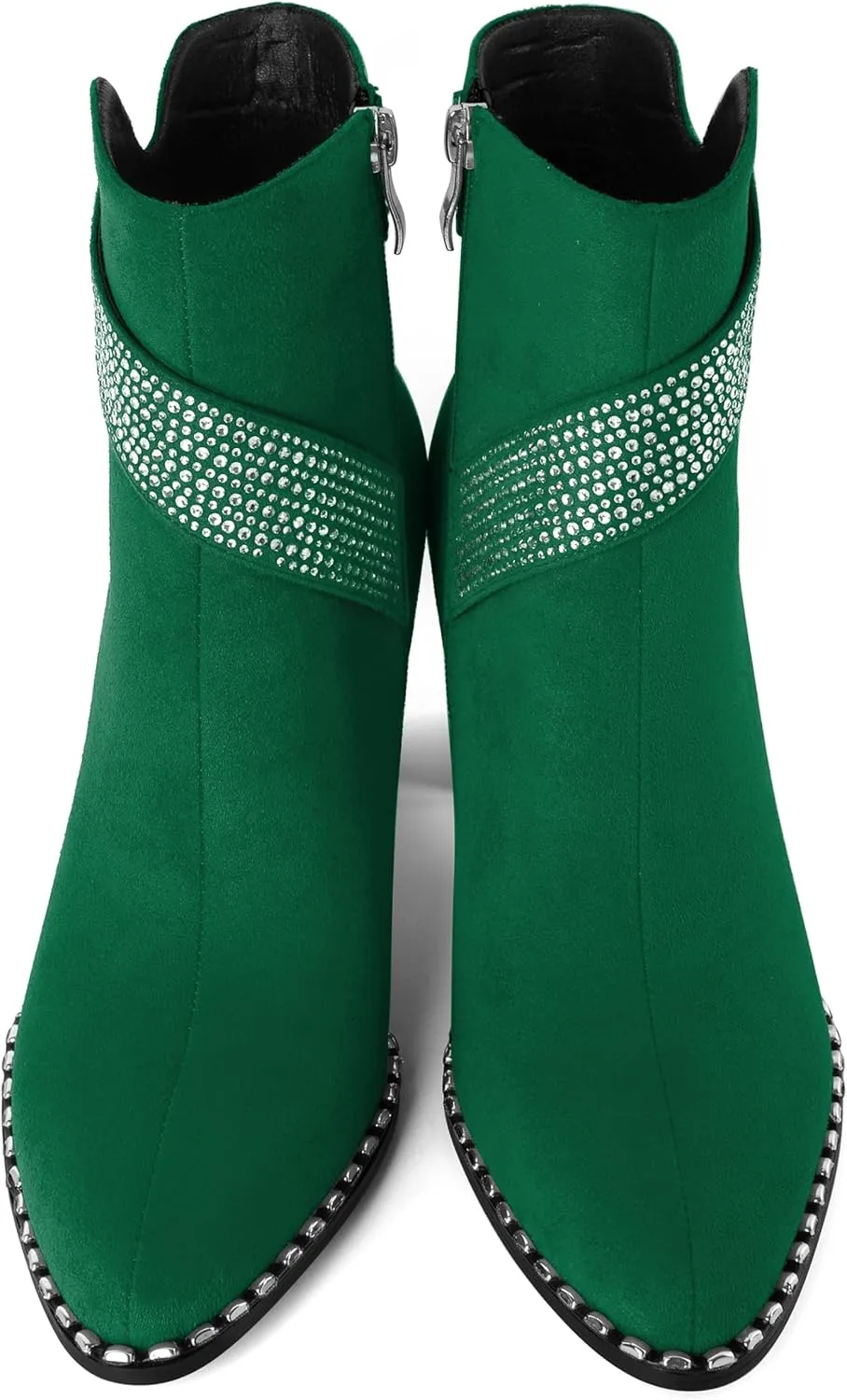 Zamikoo Chunky Heel Ankle Boots for Women Round Toe Beaded Heel Short Booties Fall Heel Boots with Sparkly Rhinestone Strap Side Zipper 3 Inches
