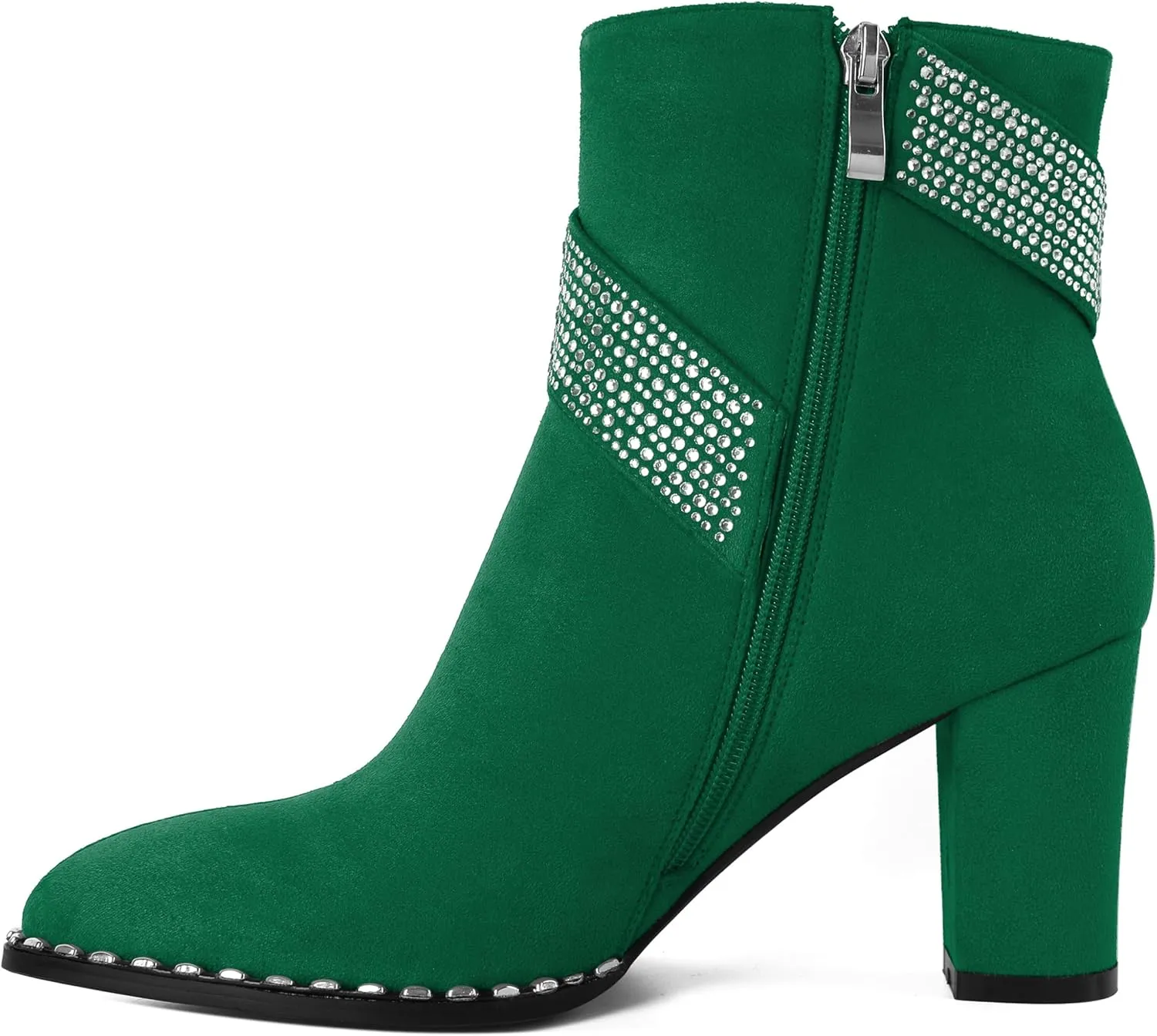 Zamikoo Chunky Heel Ankle Boots for Women Round Toe Beaded Heel Short Booties Fall Heel Boots with Sparkly Rhinestone Strap Side Zipper 3 Inches