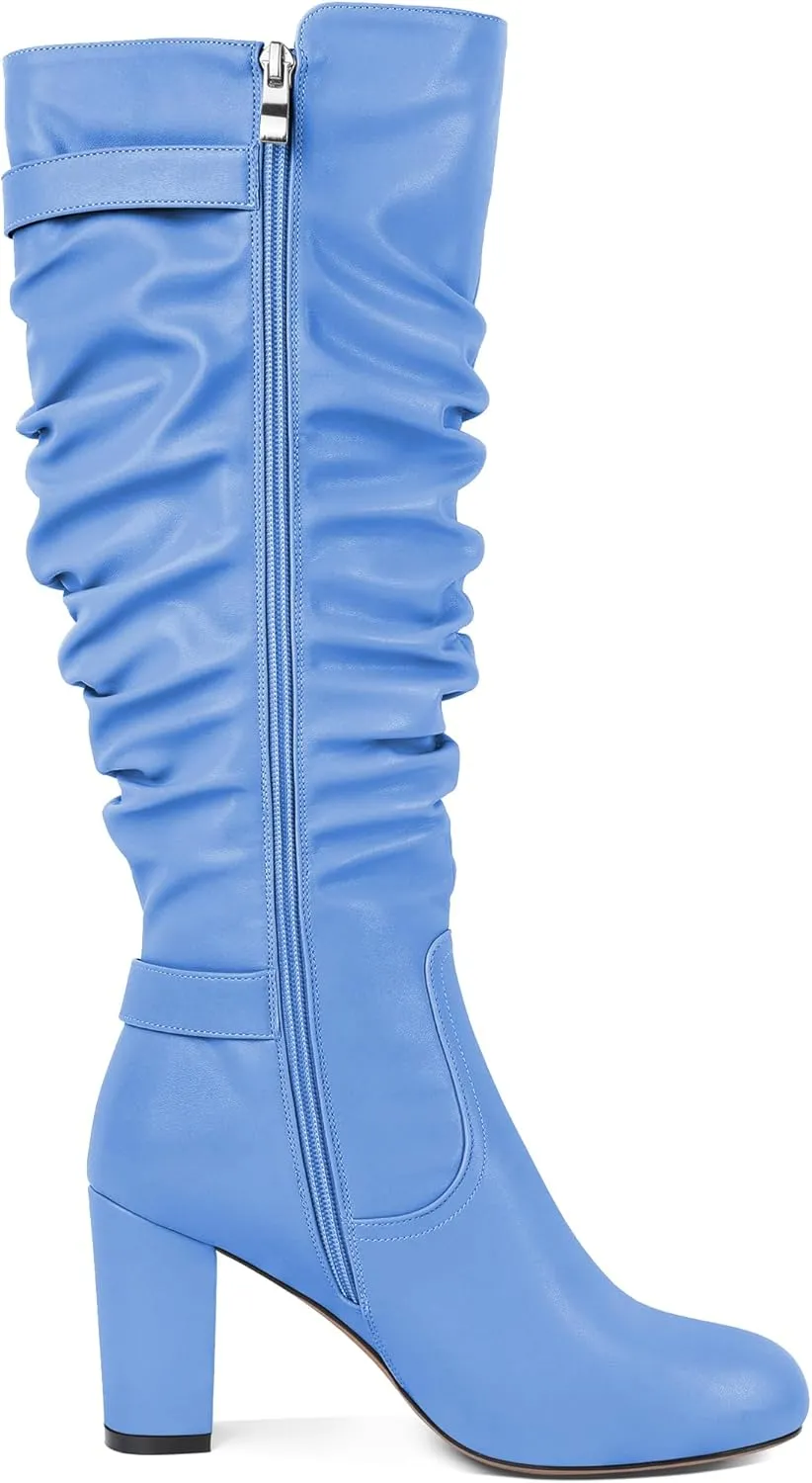 Zamikoo Slouchy High Heel Boots for Women Knee High Chunky Heel Boots Round Toe Slouch Metal Buckle Side Zipper Tall Boots 3.5 Inches
