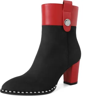 Zamikoo Women Chunky Heel Ankle Boots Round Toe Beaded Heeled Short Booties Side Zipper 3 Inches