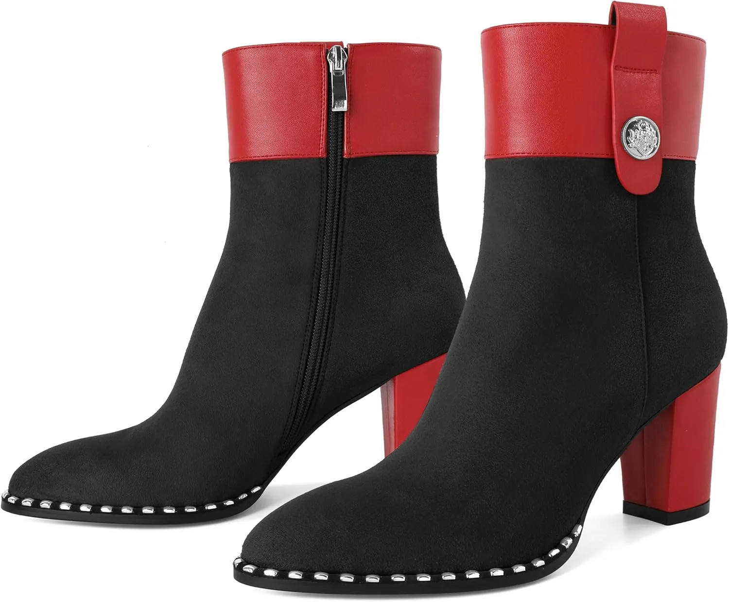 Zamikoo Women Chunky Heel Ankle Boots Round Toe Beaded Heeled Short Booties Side Zipper 3 Inches