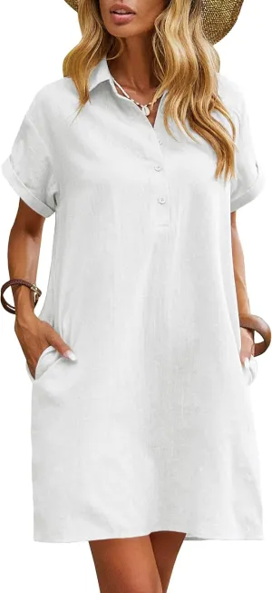 Zeagoo Womens Cotton Shirt Dress Summer Casual Short Sleeve Button Down Beach Cover Up Shirts with Pockets