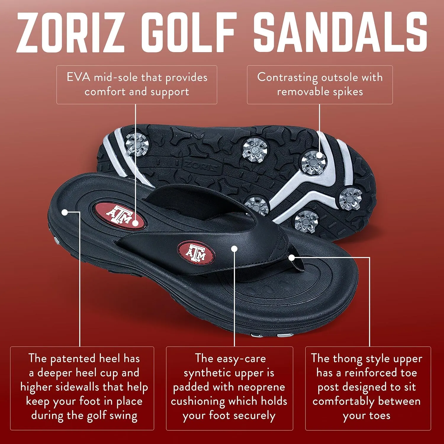 ZORIZ Collegiate Series Golf Sandals for Women and Men, Thong Flip Flops With Removable Spikes, Golf Footwear With Deeper Heel Cup and Higher Sidewalls