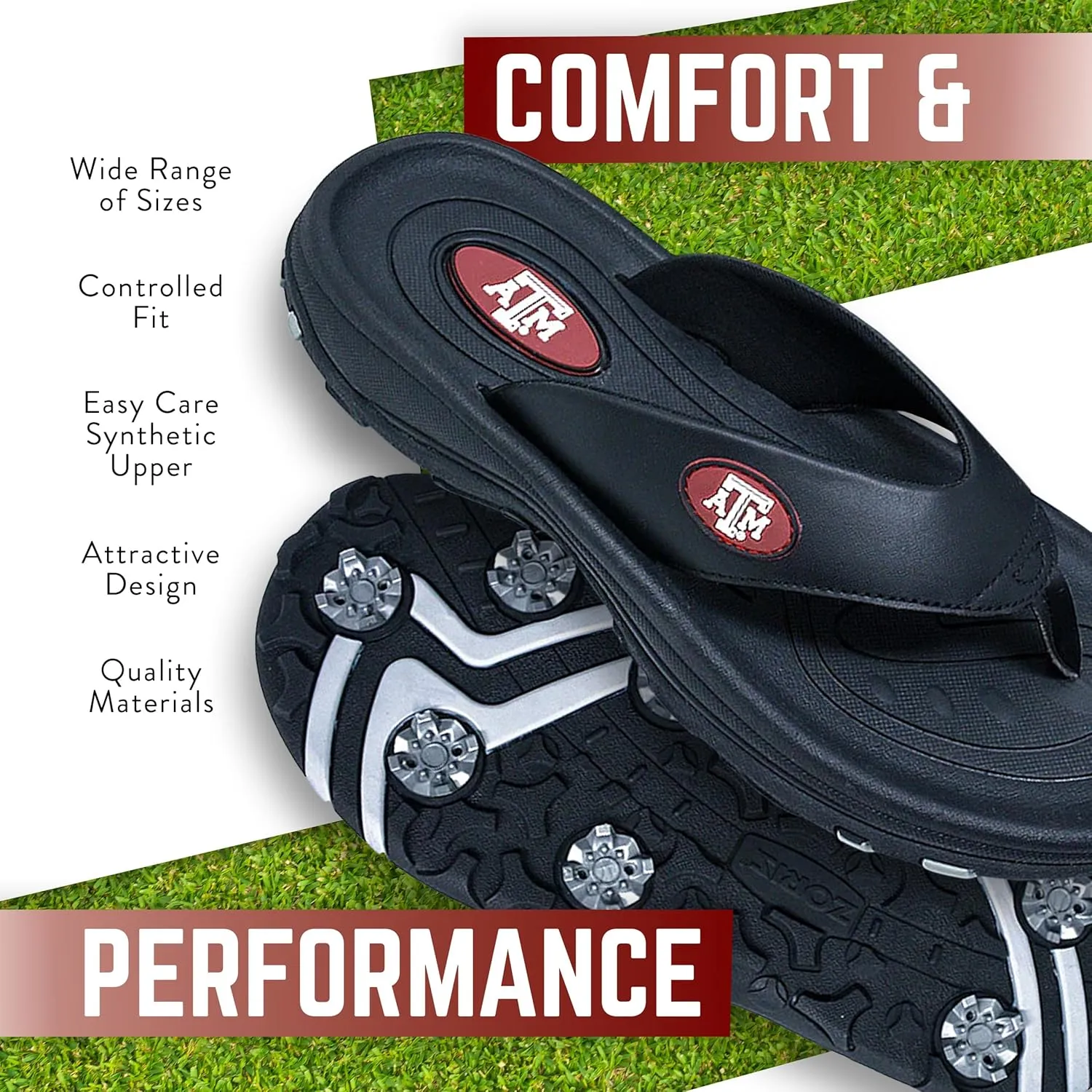 ZORIZ Collegiate Series Golf Sandals for Women and Men, Thong Flip Flops With Removable Spikes, Golf Footwear With Deeper Heel Cup and Higher Sidewalls