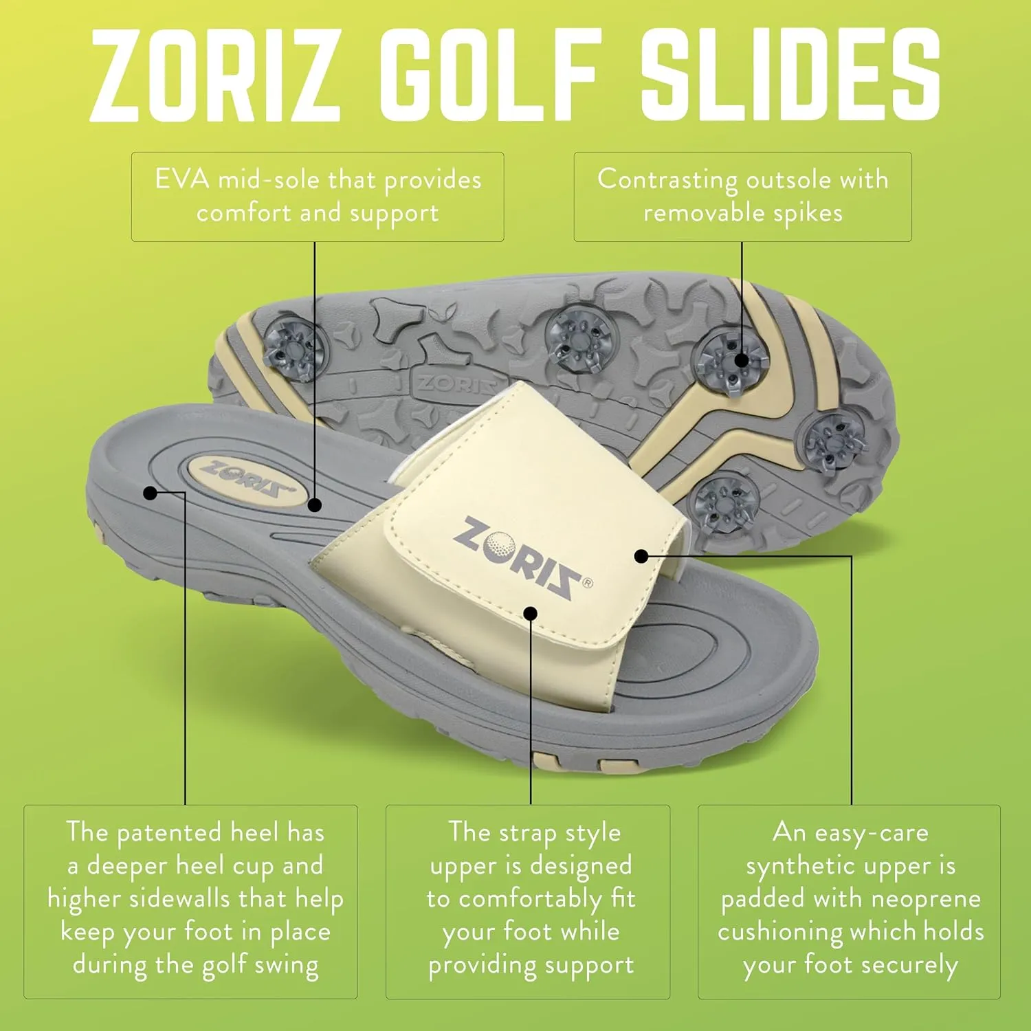 ZORIZ Golf Slides for Men and Women, Sports Slip On Sandals With Removable Spikes, Golf Footwear With Deeper Heel Cup and Higher Sidewalls for Secure Comfort