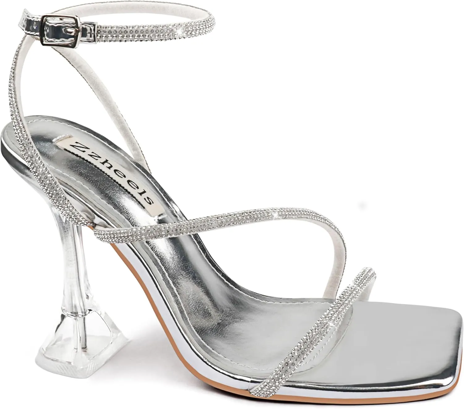 Zzheels Women's Rhinestone High Heels Crystal Strappy Heels Square Toe Sandals for Dating Party